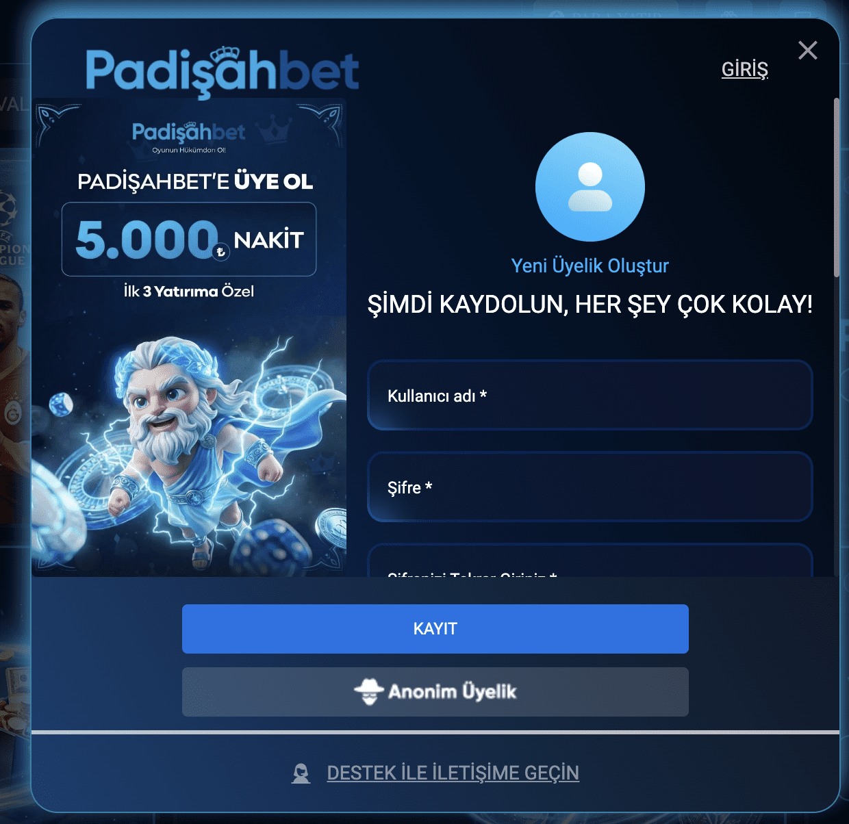 Padişahbet kayıt ekranı